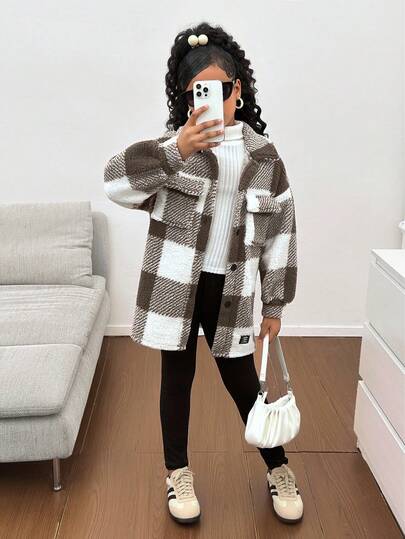 SHEIN معطف قصير من الفليس قابل للعكس بنمط مربعات للفتيات المراهقات، ملابس علوية كنزة طويلة الأكمام وسروال ضيق، ملابس شتوية للفتيات المراهقات