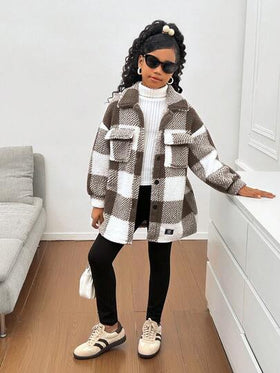 SHEIN معطف قصير من الفليس قابل للعكس بنمط مربعات للفتيات المراهقات، ملابس علوية كنزة طويلة الأكمام وسروال ضيق، ملابس شتوية للفتيات المراهقات