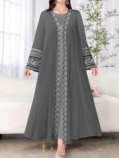 SHEIN Najma عبايات عباءة عربية كاجوال أنيقة للنساء ذات أكمام طويلة وطباعة هندسية زهرية، للربيع والخريف