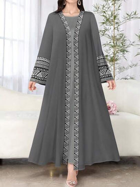 SHEIN Najma عبايات عباءة عربية كاجوال أنيقة للنساء ذات أكمام طويلة وطباعة هندسية زهرية، للربيع والخريف
