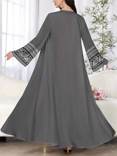 SHEIN Najma عبايات عباءة عربية كاجوال أنيقة للنساء ذات أكمام طويلة وطباعة هندسية زهرية، للربيع والخريف