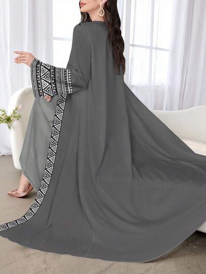 SHEIN Najma عبايات عباءة عربية كاجوال أنيقة للنساء ذات أكمام طويلة وطباعة هندسية زهرية، للربيع والخريف