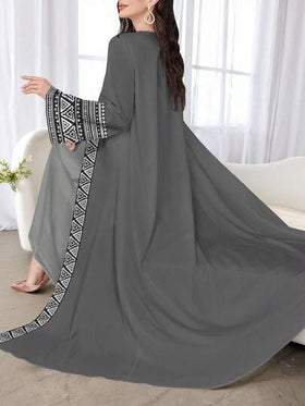SHEIN Najma عبايات عباءة عربية كاجوال أنيقة للنساء ذات أكمام طويلة وطباعة هندسية زهرية، للربيع والخريف
