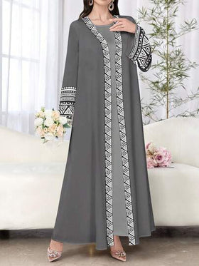 SHEIN Najma عبايات عباءة عربية كاجوال أنيقة للنساء ذات أكمام طويلة وطباعة هندسية زهرية، للربيع والخريف