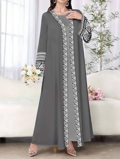 SHEIN Najma عبايات عباءة عربية كاجوال أنيقة للنساء ذات أكمام طويلة وطباعة هندسية زهرية، للربيع والخريف