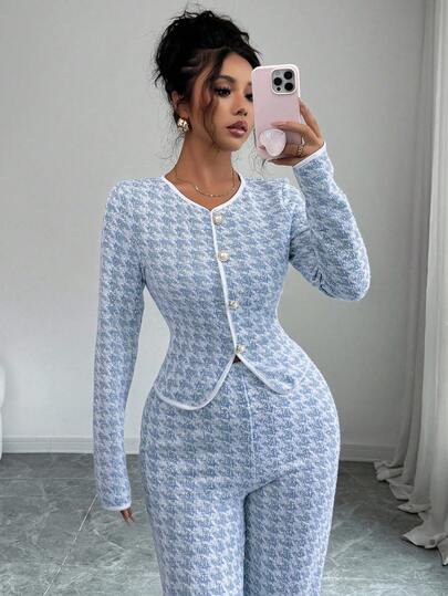 Elenzga مجموعة مكونة من 2 قطعة: قميص كاجوال بياقة طاقم وأكمام طويلة مع تصميم هيرنجبون جاكارد + بنطلون ساق مستقيمة، طقم أزياء عصري للعودة إلى المدرسة، للربيع/الخريف