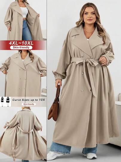 SHEIN CURVE+ معطف نسائي أسود طويل، جاكيت أسود طويل الأكمام بسيط للاستخدام اليومي، معطف نسائي، معطف نسائي