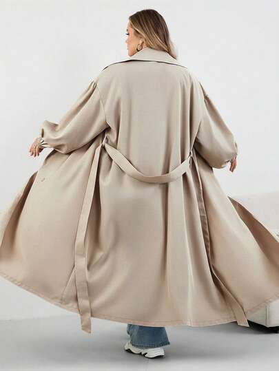 SHEIN CURVE+ معطف نسائي أسود طويل، جاكيت أسود طويل الأكمام بسيط للاستخدام اليومي، معطف نسائي، معطف نسائي