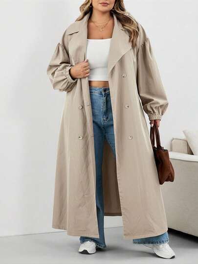 SHEIN CURVE+ معطف نسائي أسود طويل، جاكيت أسود طويل الأكمام بسيط للاستخدام اليومي، معطف نسائي، معطف نسائي