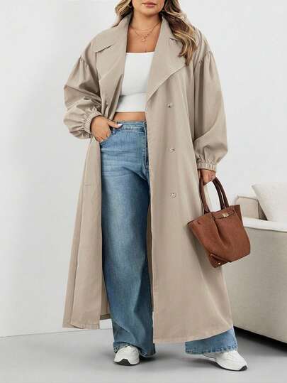 SHEIN CURVE+ معطف نسائي أسود طويل، جاكيت أسود طويل الأكمام بسيط للاستخدام اليومي، معطف نسائي، معطف نسائي