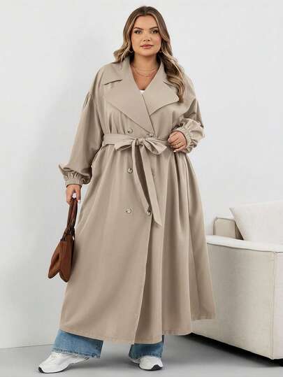 SHEIN CURVE+ معطف نسائي أسود طويل، جاكيت أسود طويل الأكمام بسيط للاستخدام اليومي، معطف نسائي، معطف نسائي