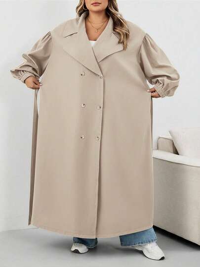 SHEIN CURVE+ معطف نسائي أسود طويل، جاكيت أسود طويل الأكمام بسيط للاستخدام اليومي، معطف نسائي، معطف نسائي