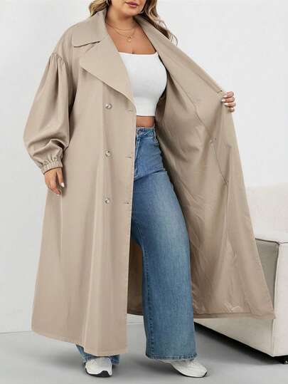 SHEIN CURVE+ معطف نسائي أسود طويل، جاكيت أسود طويل الأكمام بسيط للاستخدام اليومي، معطف نسائي، معطف نسائي