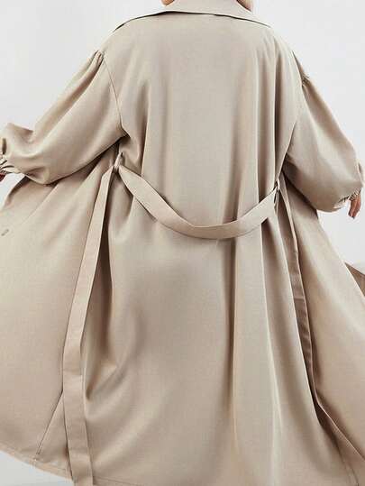 SHEIN CURVE+ معطف نسائي أسود طويل، جاكيت أسود طويل الأكمام بسيط للاستخدام اليومي، معطف نسائي، معطف نسائي