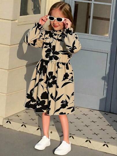 SHEIN Elladie kids فستان متوسط الطول بخصر مربوط وأكمام منتفخة بطبعة زهور فرنسية كلاسيكية، فضفاض وقصير، مناسب للربيع والخريف