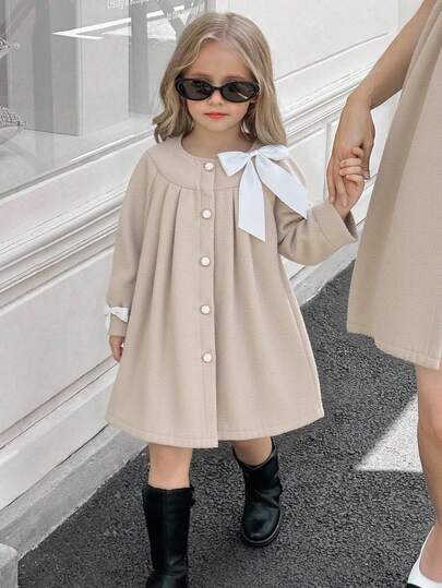 Elladie kids 1 قطعة معطف شتوي متوسط الطول للفتيات الشابات الإصدار الكوري الجديد لعام 2025، بياقة مستديرة وأمام مفتوح بتصميم فضفاض، أكمام طويلة قابلة للإزالة بفيونكة، معطف رياضي أنيق وبسيط