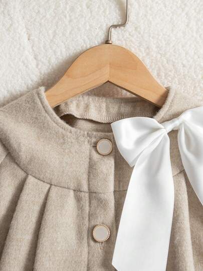 Elladie kids 1 قطعة معطف شتوي متوسط الطول للفتيات الشابات الإصدار الكوري الجديد لعام 2025، بياقة مستديرة وأمام مفتوح بتصميم فضفاض، أكمام طويلة قابلة للإزالة بفيونكة، معطف رياضي أنيق وبسيط