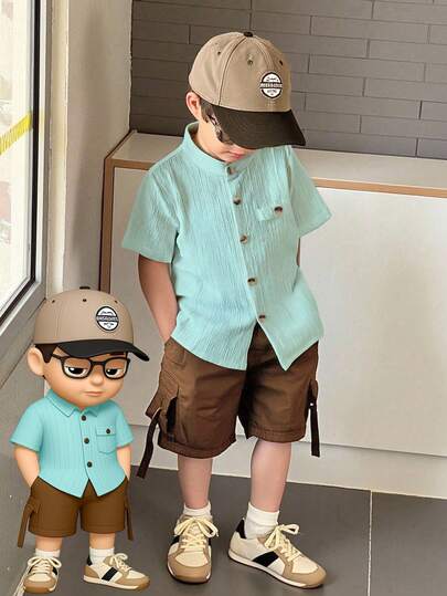 SHEIN Streecool Kids قميص كاجوال أحادي الصدر بأكمام قصيرة ذو لون سادة للأولاد الصغار