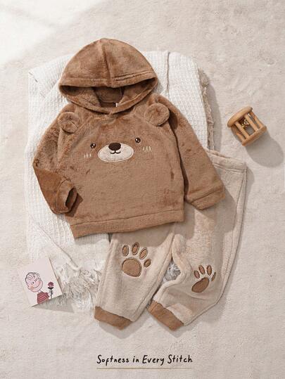 Cozy Pixies مجموعة من قميص ثقيل بياقة طاقم بأكمام طويلة وبنطال بخصر مطاطي مبطن للأطفال الصبيان بنمط الدب الكرتوني
