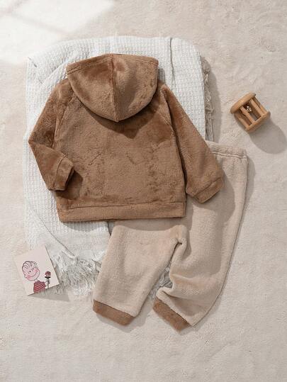 Cozy Pixies مجموعة من قميص ثقيل بياقة طاقم بأكمام طويلة وبنطال بخصر مطاطي مبطن للأطفال الصبيان بنمط الدب الكرتوني