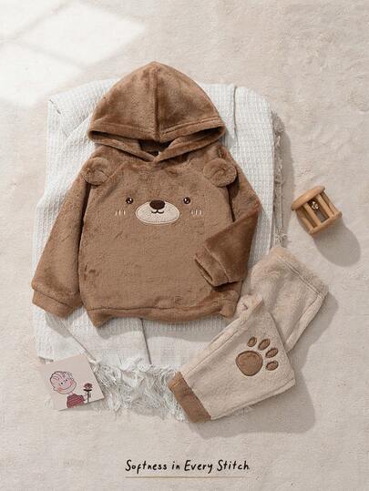 Cozy Pixies مجموعة من قميص ثقيل بياقة طاقم بأكمام طويلة وبنطال بخصر مطاطي مبطن للأطفال الصبيان بنمط الدب الكرتوني