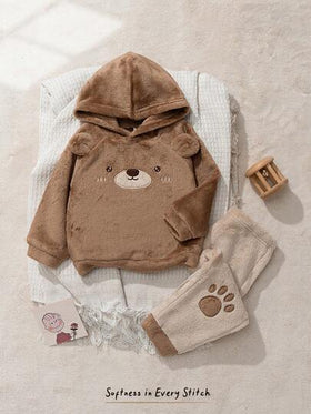 Cozy Pixies مجموعة من قميص ثقيل بياقة طاقم بأكمام طويلة وبنطال بخصر مطاطي مبطن للأطفال الصبيان بنمط الدب الكرتوني