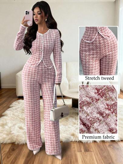 Elenzga مجموعة من قطعتين على الطراز الكوري، تي شيرت بأكمام طويلة وياقة مستديرة مع بنطال ساق مستقيمة، نمط أرجايل جاكارد، مناسب للارتداء اليومي والمرونة، موسم العودة إلى المدرسة، الربيع/الخريف