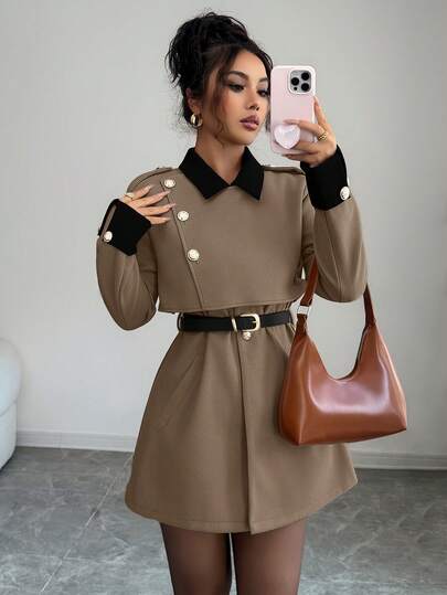 Elenzga معطف أنيق فاخر وسميك للنساء، بدون حزام
