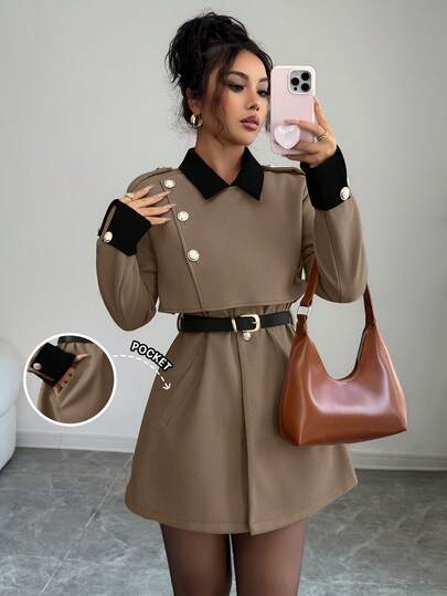 Elenzga معطف أنيق فاخر وسميك للنساء، بدون حزام