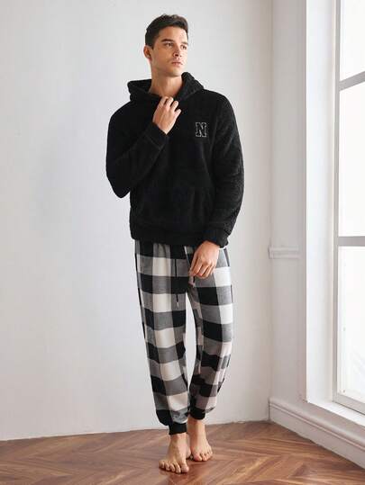 SHEIN ملابس علوية رجالي مريح وناعم من الفليس المرجاني، قابل للارتداء في المنزل والخارج، بأكمام طويلة وقبعة، مناسب للارتداء في فصل الشتاء