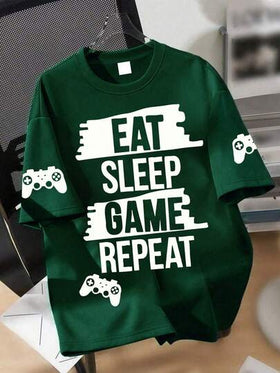 1 قطعة تي شيرت مطبوع عليه شعار "Eat Sleep Game" للمراهقين الذكور، تي شيرت جرافيكي مناسب للارتداء اليومي في المدرسة، للربيع/الصيف