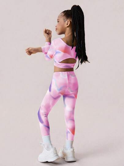 SHEIN طقم ملابس رياضية للفتيات الصغيرات، بتصميم ملون وزاهي وحيوي، توب بأكمام طويلة مع تصميم ظهر مفتوح + بنطلون، مناسب للتمرين الرياضي والارتداء اليومي والمناسبات الكاجوال