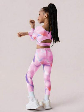 SHEIN طقم ملابس رياضية للفتيات الصغيرات، بتصميم ملون وزاهي وحيوي، توب بأكمام طويلة مع تصميم ظهر مفتوح + بنطلون، مناسب للتمرين الرياضي والارتداء اليومي والمناسبات الكاجوال