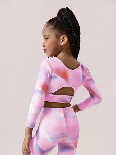 SHEIN طقم ملابس رياضية للفتيات الصغيرات، بتصميم ملون وزاهي وحيوي، توب بأكمام طويلة مع تصميم ظهر مفتوح + بنطلون، مناسب للتمرين الرياضي والارتداء اليومي والمناسبات الكاجوال