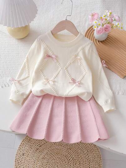 SHEIN Playful Pals مجموعة كنزة صوفية كم طويل مزينة بفيونكة وتنورة مطوية للفتيات الصغيرات، خريف/شتاء، قطعتان