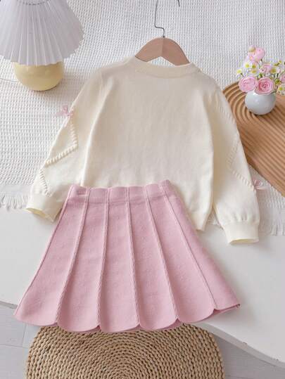SHEIN Playful Pals مجموعة كنزة صوفية كم طويل مزينة بفيونكة وتنورة مطوية للفتيات الصغيرات، خريف/شتاء، قطعتان