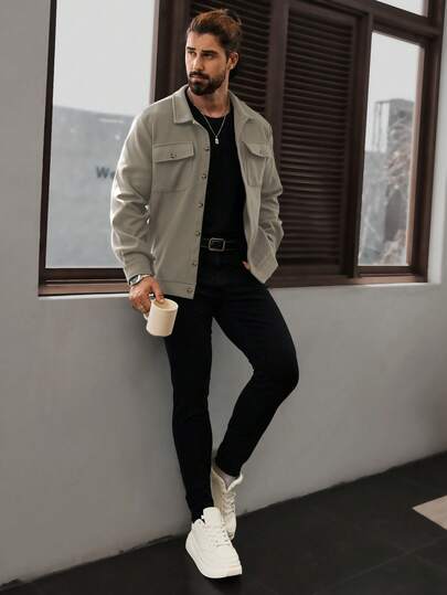Manfinity Homme جاكيت قصيرة كاجوال مصنوعة من الصوف ذات أكمام طويلة للرجال، جاكيت شتوية للرجال، جاكيت بلون الخاكي