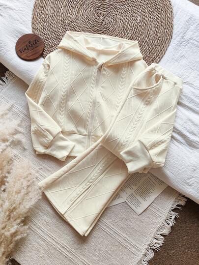 SHEIN Vintaside Kids مجموعة بنطلون وجاكيت ذو كم طويل وقبعة للفتيات المراهقات للربيع/الخريف، بدلة كاجوال عصرية للاستخدام اليومي، قطعتان