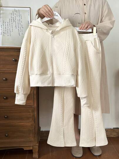 SHEIN Vintaside Kids مجموعة بنطلون وجاكيت ذو كم طويل وقبعة للفتيات المراهقات للربيع/الخريف، بدلة كاجوال عصرية للاستخدام اليومي، قطعتان