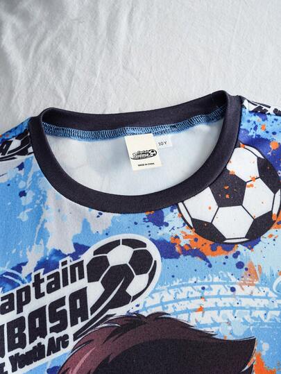 Captain Tsubasa X SHEIN طقم بيجاما مكون من ملابس علوية كم طويل بطبعة لاعب كرة قدم وبنطال للأولاد المراهقين، مريح وكاجوال، قطعتان