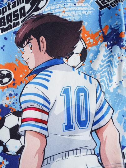 Captain Tsubasa X SHEIN طقم بيجاما مكون من ملابس علوية كم طويل بطبعة لاعب كرة قدم وبنطال للأولاد المراهقين، مريح وكاجوال، قطعتان