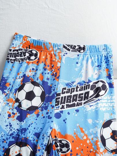 Captain Tsubasa X SHEIN طقم بيجاما مكون من ملابس علوية كم طويل بطبعة لاعب كرة قدم وبنطال للأولاد المراهقين، مريح وكاجوال، قطعتان