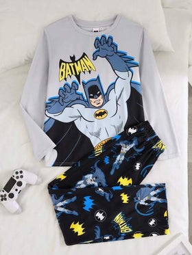 BATMAN X SHEIN طقم بيجامة شتوي من ملابس علوية كم طويل بياقة طاقم مطبوعة وبنطلون للأولاد المراهقين