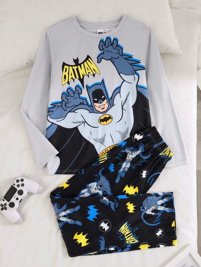 BATMAN X SHEIN طقم بيجامة شتوي من ملابس علوية كم طويل بياقة طاقم مطبوعة وبنطلون للأولاد المراهقين