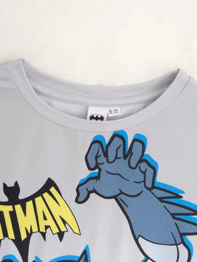BATMAN X SHEIN طقم بيجامة شتوي من ملابس علوية كم طويل بياقة طاقم مطبوعة وبنطلون للأولاد المراهقين