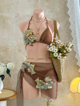 Swim SXY مجموعة بكيني 3 قطع بطراز بوهيمي من قماش الشبكة الكروشيه اللامع والجذاب، بدلة سباحة وغطاء للشاطئ بلون بني للنساء، مناسبة لحفلات عيد الحب والكريسماس