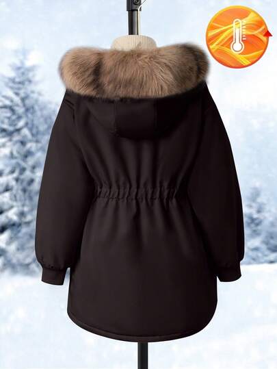 SHEIN معطف قطن متوسط الطول، أنيق وبسيط، مزود بغطاء للرأس وجيوب كبيرة، ياقة من الفرو، مناسب للشتاء والخريف، للمراهقين