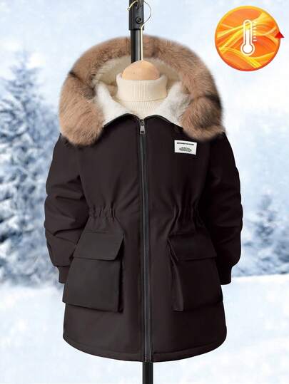 SHEIN معطف قطن متوسط الطول، أنيق وبسيط، مزود بغطاء للرأس وجيوب كبيرة، ياقة من الفرو، مناسب للشتاء والخريف، للمراهقين