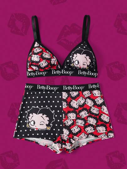 Betty Boop x SHEIN طقم سيدات من حمالة الصدر والسروال القصير المربع المطبوع بنقاط وشخصيات كرتونية