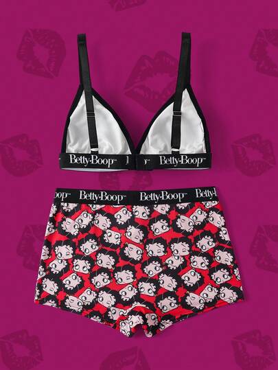Betty Boop x SHEIN طقم سيدات من حمالة الصدر والسروال القصير المربع المطبوع بنقاط وشخصيات كرتونية